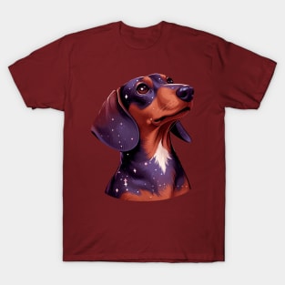 Dachshund dog in the galaxy looking up T-Shirt